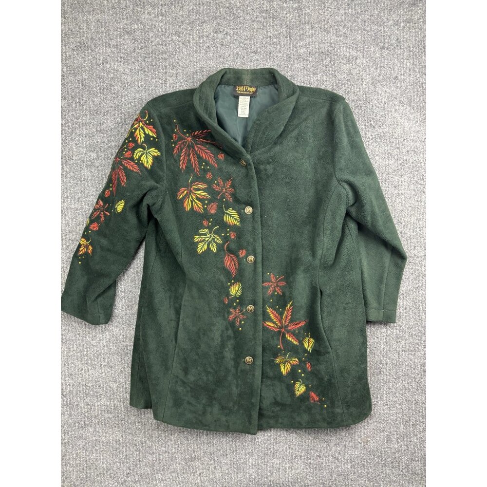 Bob Mackie Wearable Art Jacket Womens L Green Embroidered Leaf Button Front